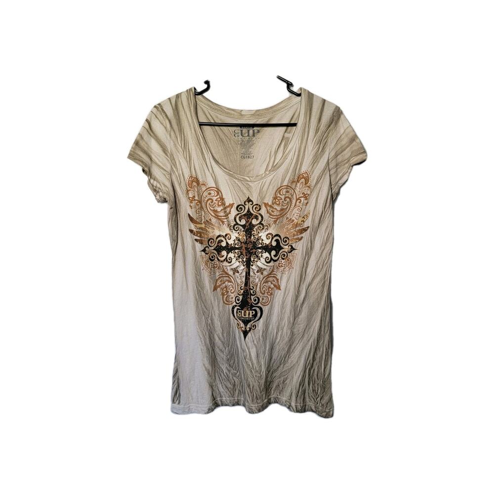 Cowgirl Up Cross Western T-Shirt Top Womans Sz XL Tan 100% Cotton Rodeo Ranch
